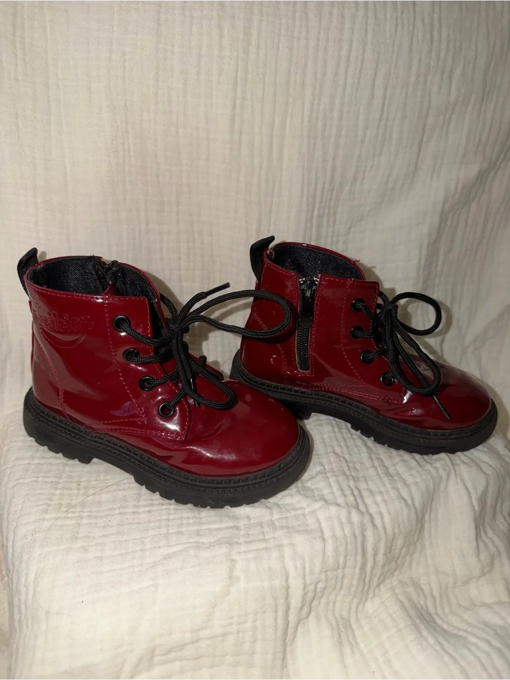 Children's Glossy Red Lace-Up Platform Boots